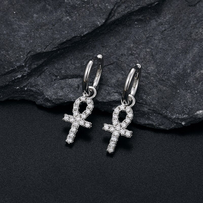 Solid 925 Sterling Silver Hoop Huggie African Ankh Cross Street Wear Bling Earrings