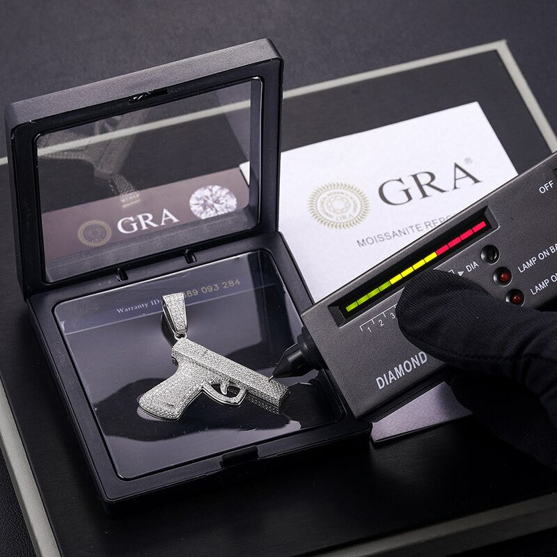 Mens Street Wear VVS Lab Diamond 925 Sterling Silver Pistol Gun Hip Hop Pendant