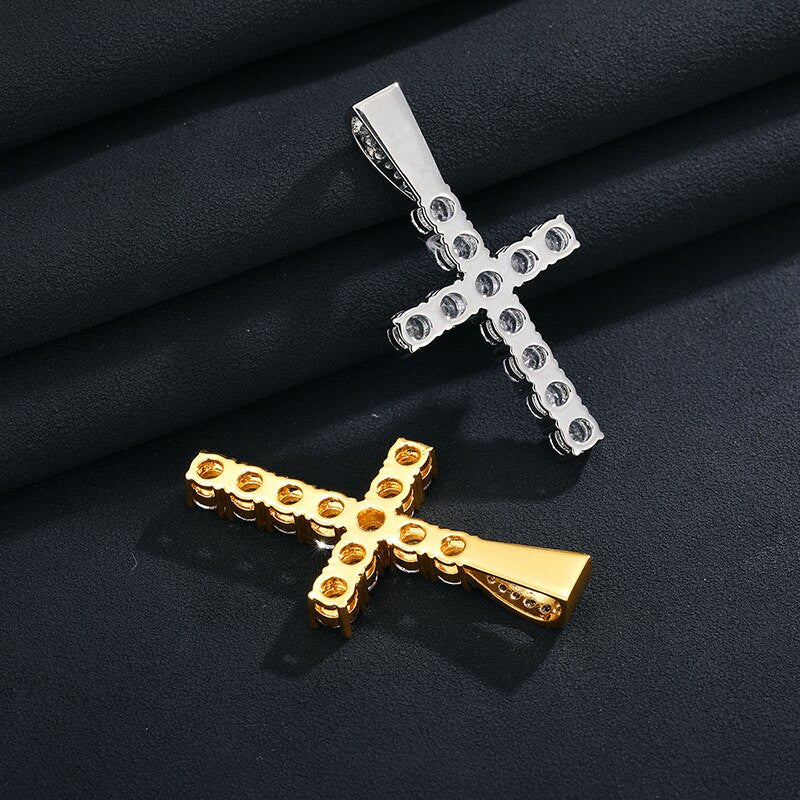 Mens Prong Set Cluster Stone 18k Gold 925 Silver Micro Cross Spiritual Pendant