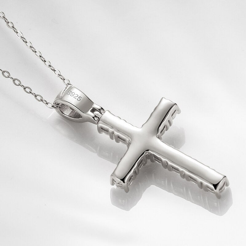 Ladies Solid 925 Sterling Silver VVS Diamond Spiritual Cross Pendant Necklace