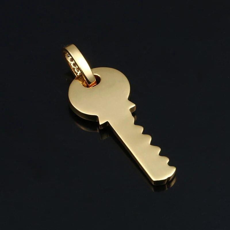 Cluster Stone Prong Set 18k Gold Iced Blinged Out Key Pendant Necklace