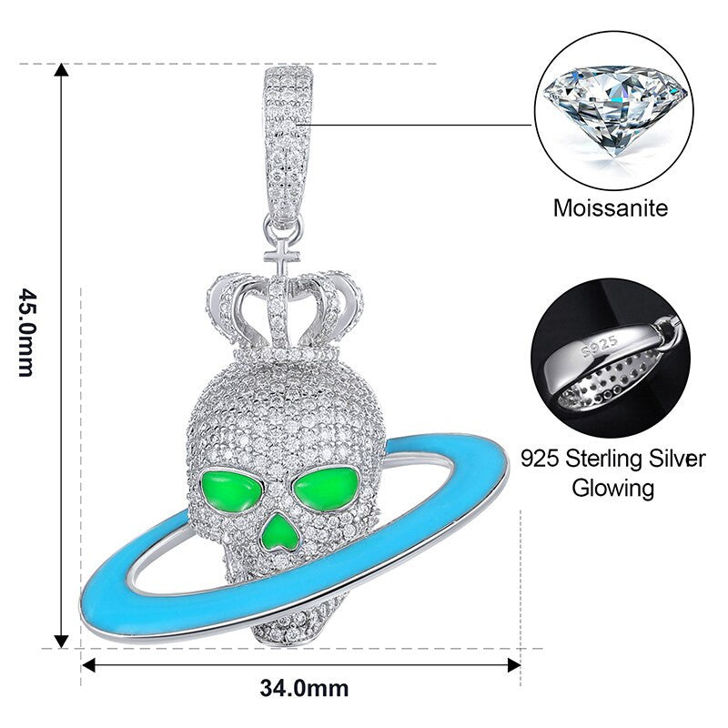 Mens Genuine Diamond Skull Head rings Of Saturn 925 Sterling Silver Hip Hop Pendant Chain