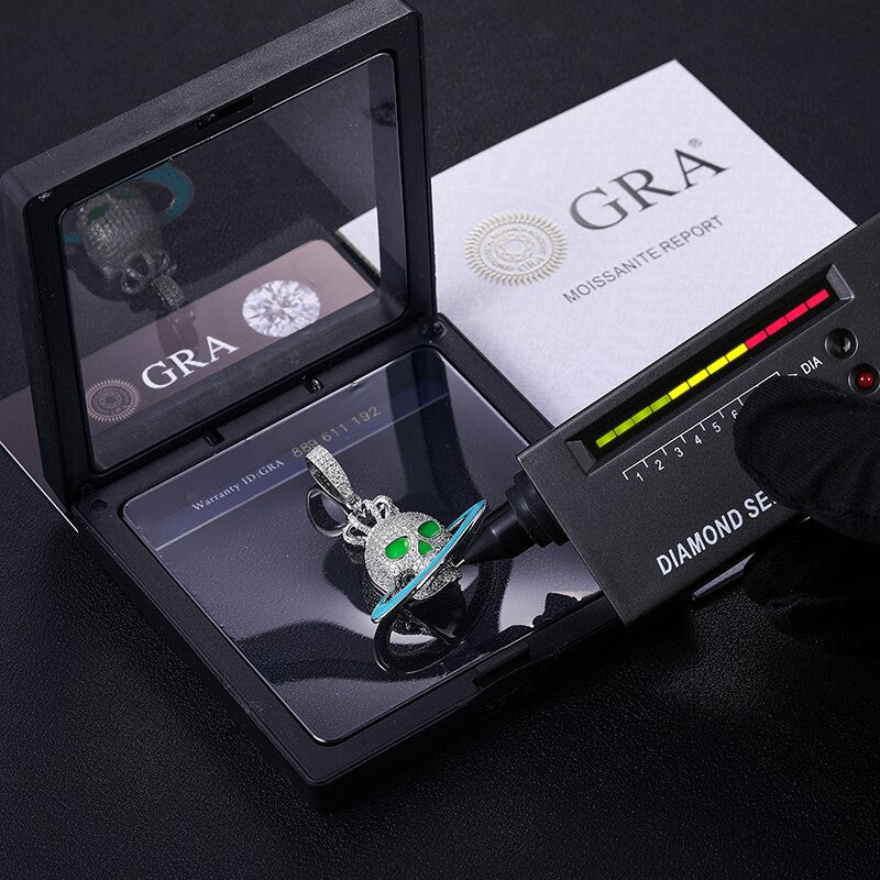 Mens Genuine Diamond Skull Head rings Of Saturn 925 Sterling Silver Hip Hop Pendant Chain