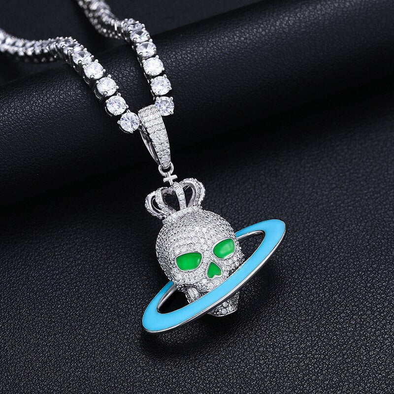Mens Genuine Diamond Skull Head rings Of Saturn 925 Sterling Silver Hip Hop Pendant Chain