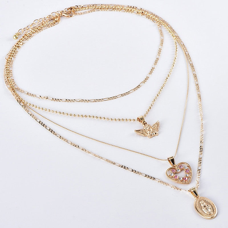 Ladies Angel Wings Peach Heart Virgin Mary Pendant Chain Necklace Jewelry Set