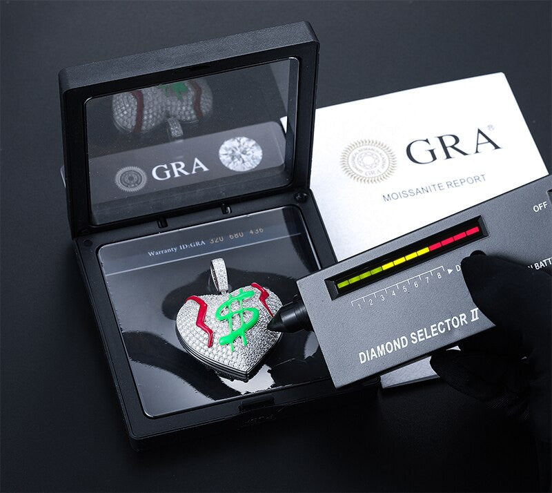 Genuine VVS Diamond Get The Money Bleeding Broke Heart Hip Hop Pendant Chain Necklace