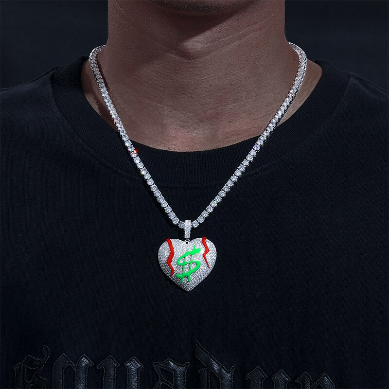 Genuine VVS Diamond Get The Money Bleeding Broke Heart Hip Hop Pendant Chain Necklace