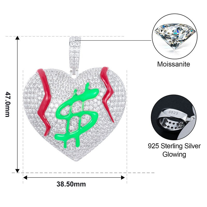 Genuine VVS Diamond Get The Money Bleeding Broke Heart Hip Hop Pendant Chain Necklace