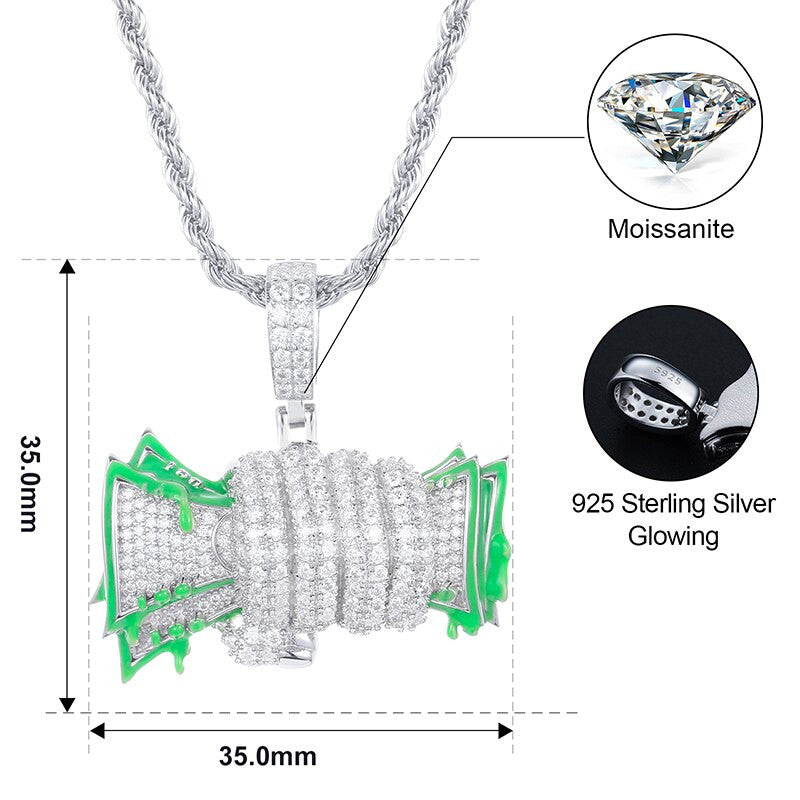Genuine VVS Diamond Glowing Money Fist Full Of Dollars Solid 925 Silver Hip Hop Pendant