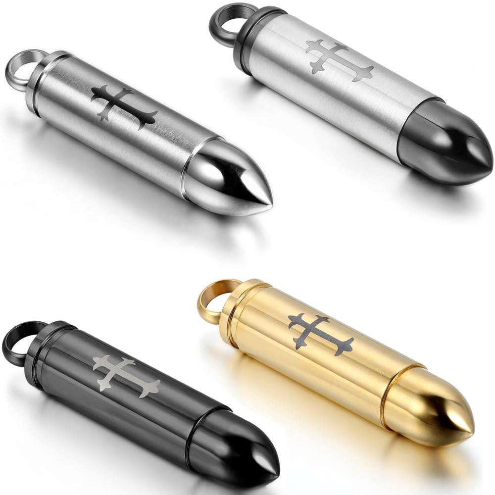 Mens High Fashion Laser Etched No Fade Stainless Steel Bullet Pendant Chain Neckalce