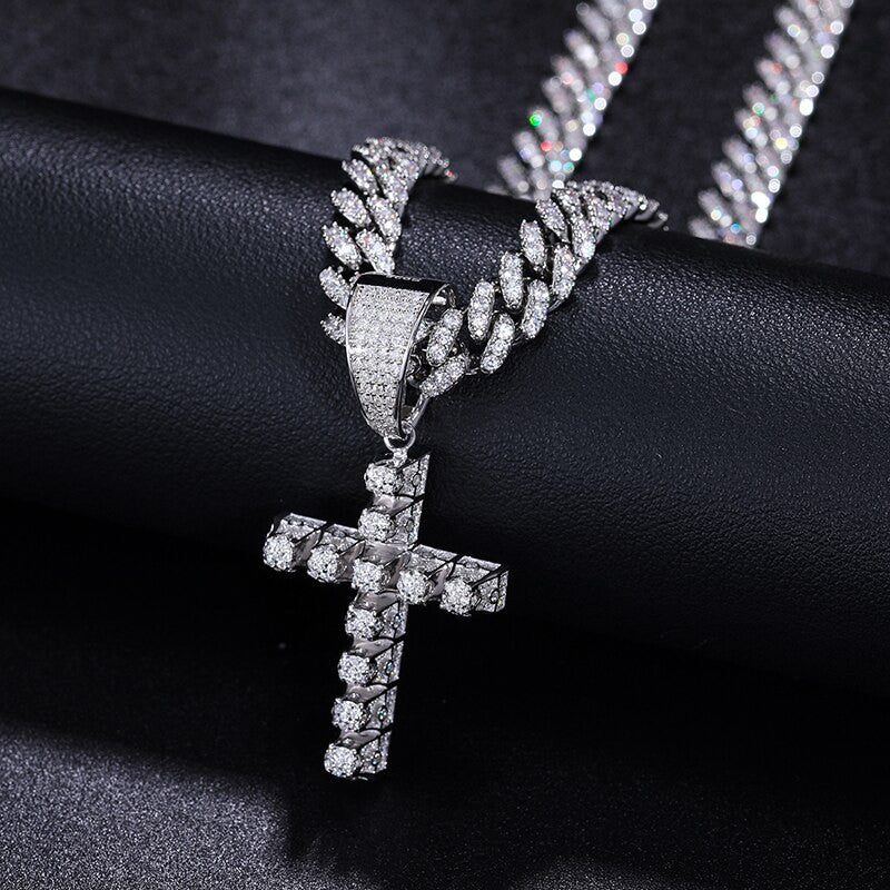 Genuine VVS Lab Diamond 925 Sterling Silver 3D Cross Hip Hop Chain Pendant