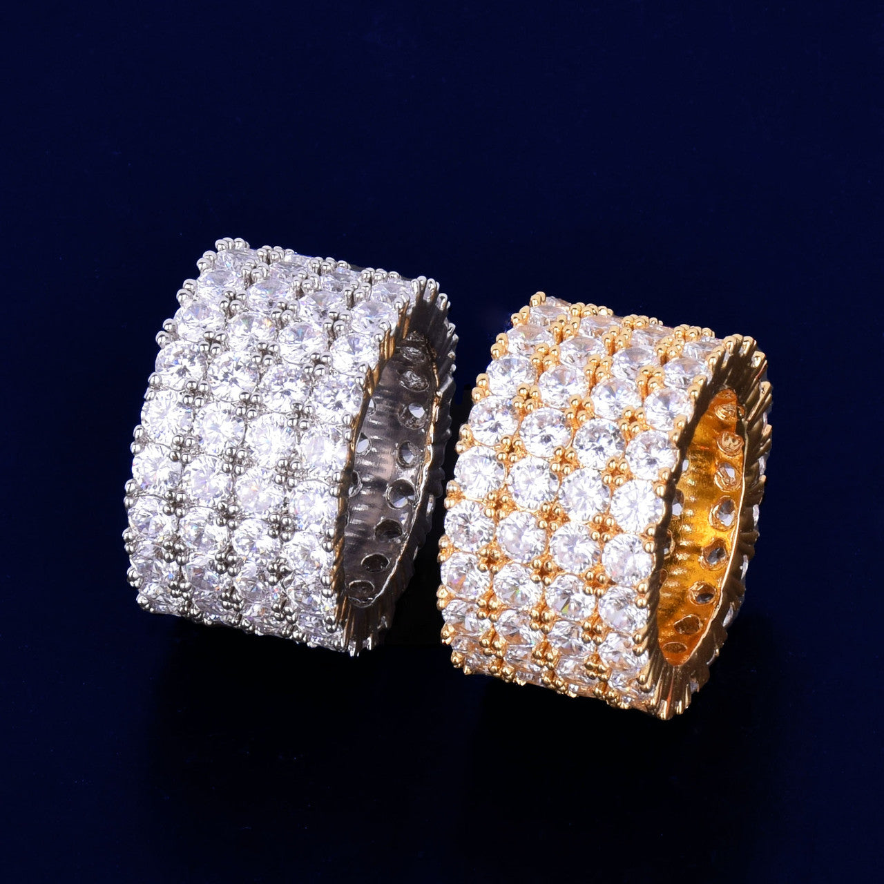 18k Gold .925 Silver Men&#39;s Four Row Solitaire AAA True Micro Pave Flooded Ice Ring