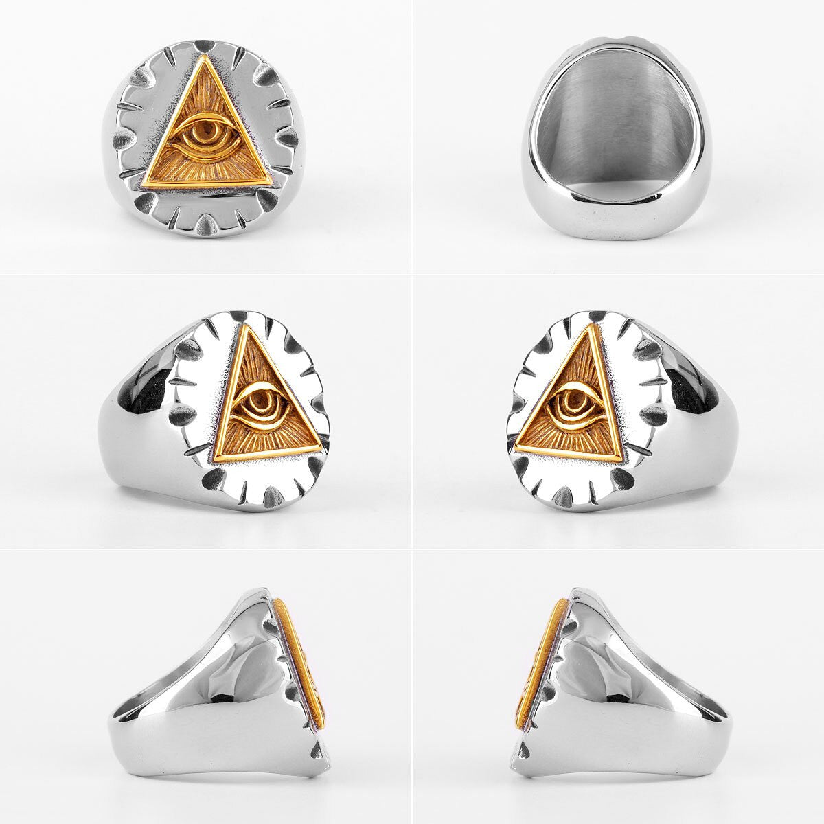 All Seeing Eye No Fade Stainless Steel 14k Gold Accented Illuminati Triangle Rings