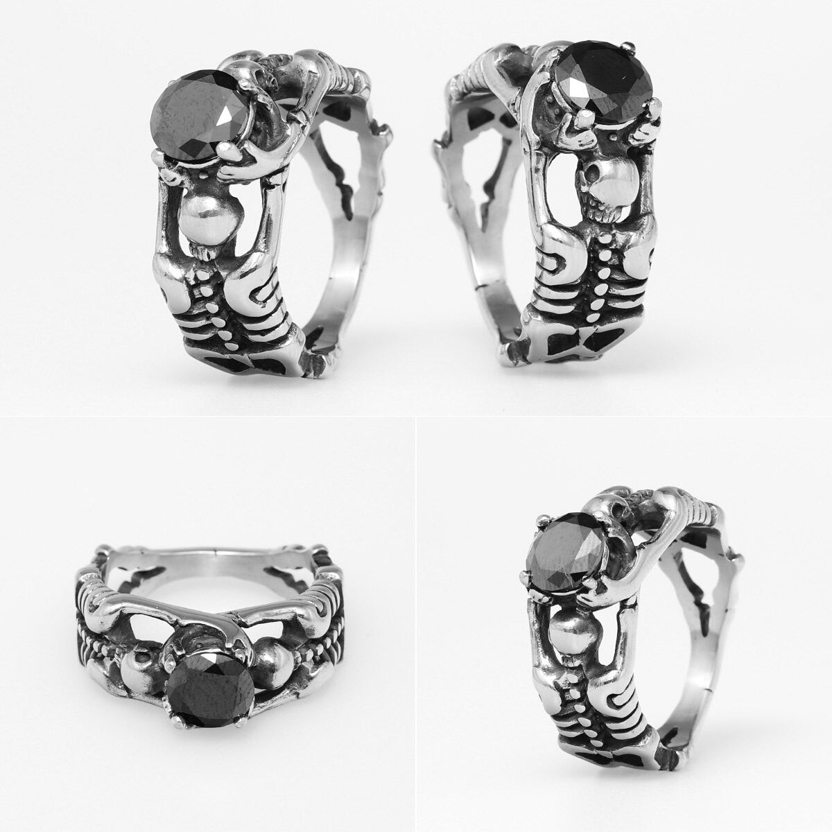 No Fade Stainless Steel Black Gemstone Skeleton Tomb Raider Bling Rings