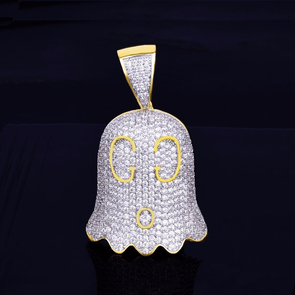 18k Gold AAA Micro Pave Ghost Emoji Flooded Ice Hip Hop Pendant Chain Necklace