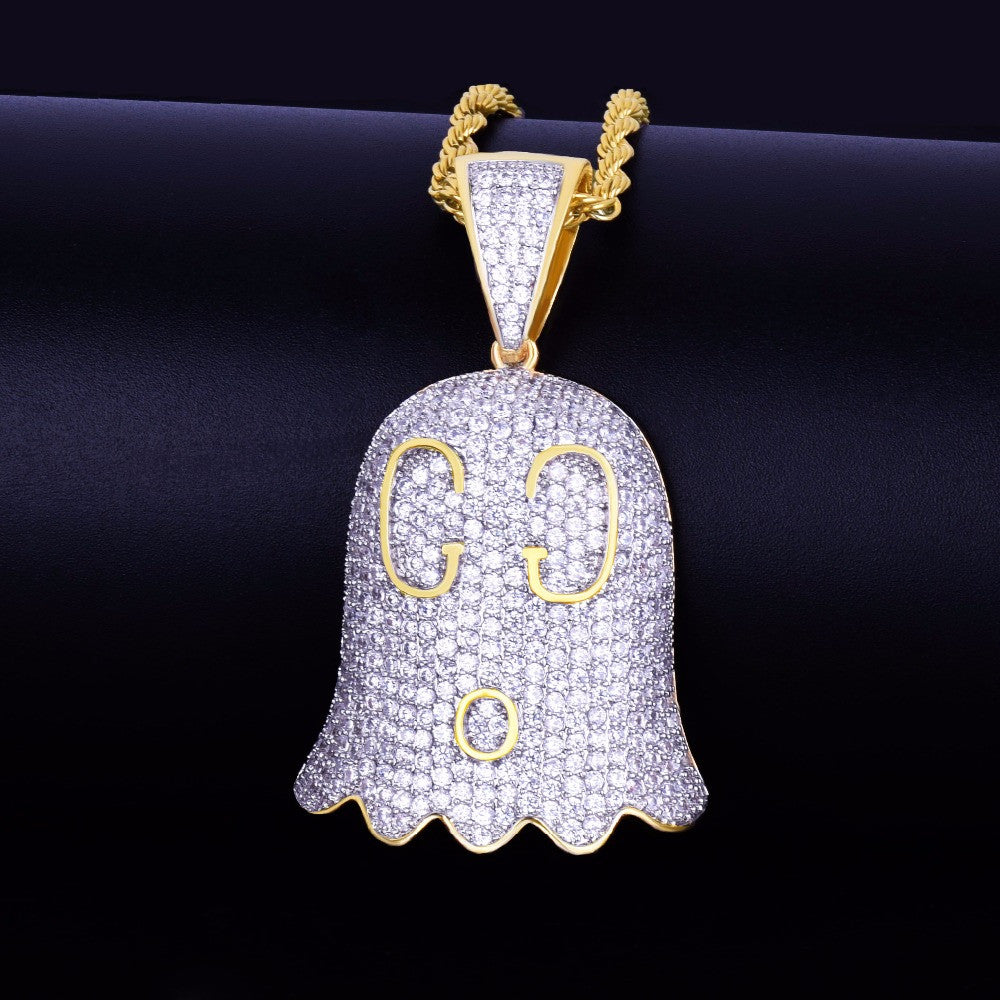 18k Gold AAA Micro Pave Ghost Emoji Flooded Ice Hip Hop Pendant Chain Necklace