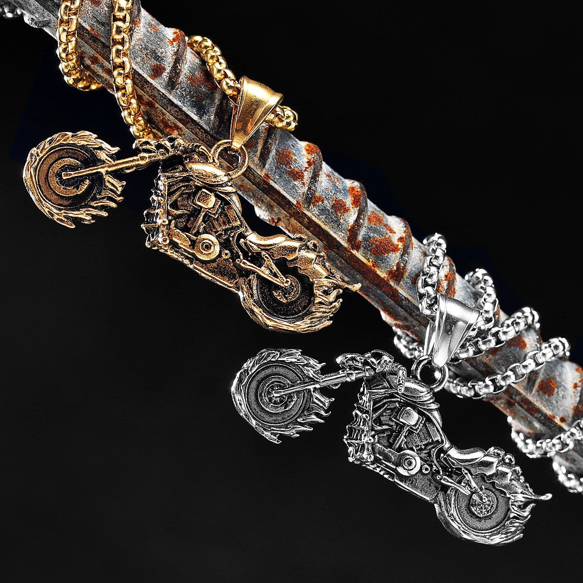 Street Wear No Fade Stainless Steel Ghost Rider Motor Cycle Bike Pendant Chain Necklace