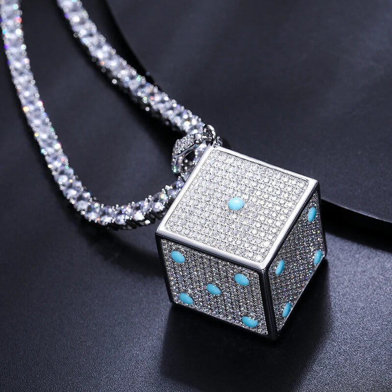 Dice Game | Mens Solid 925 Sterling Silver Glowing Dice Moissanite Diamond Hip Hop Pendant