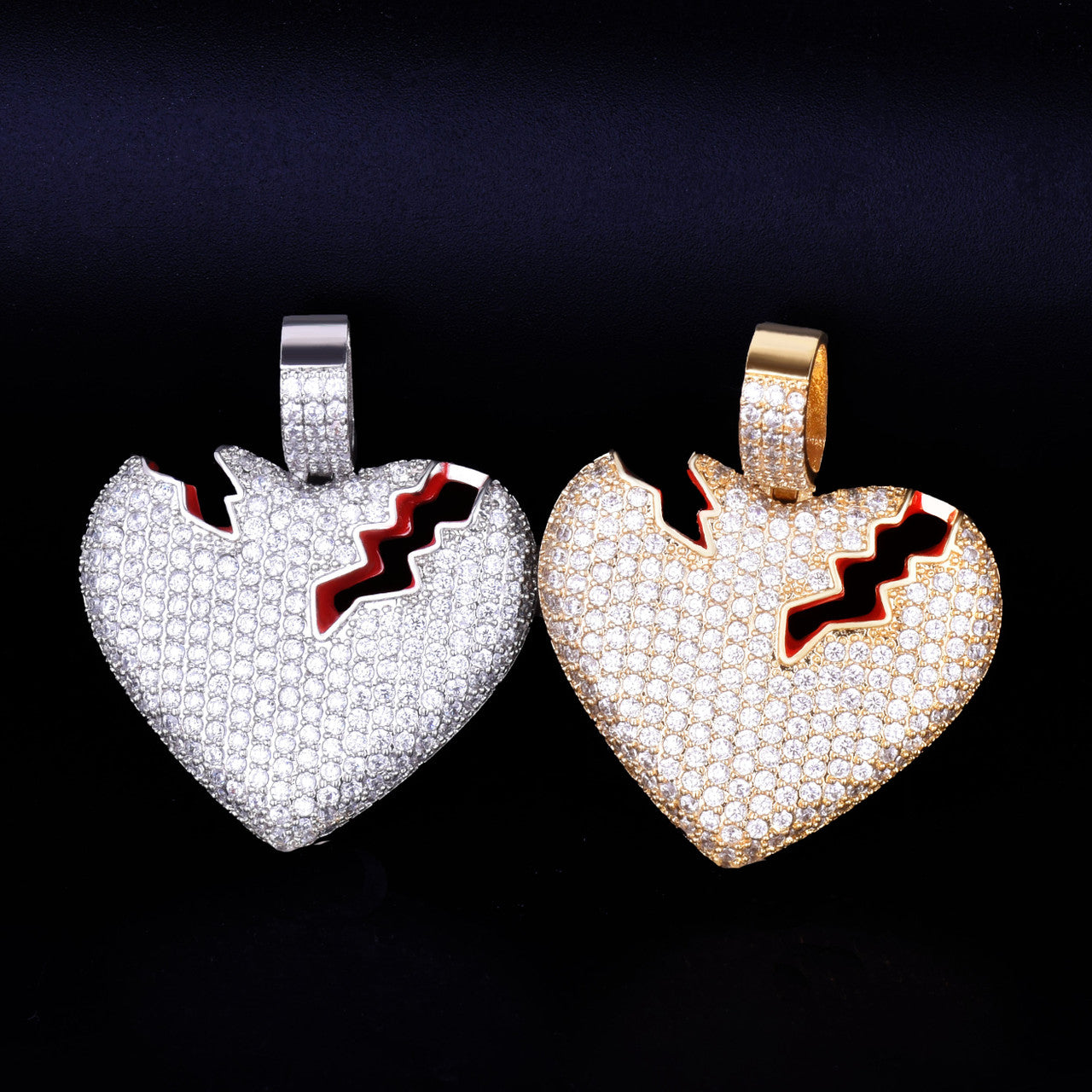 .925 Silver 18k Gold Broken Heart Red Oil Hip Hop Pendant Chain Necklace