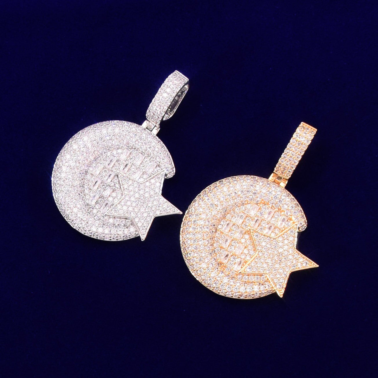 Celestial Wisdom | Gold 925 Silver Crescent Moon Star Baguette Iced Pendant