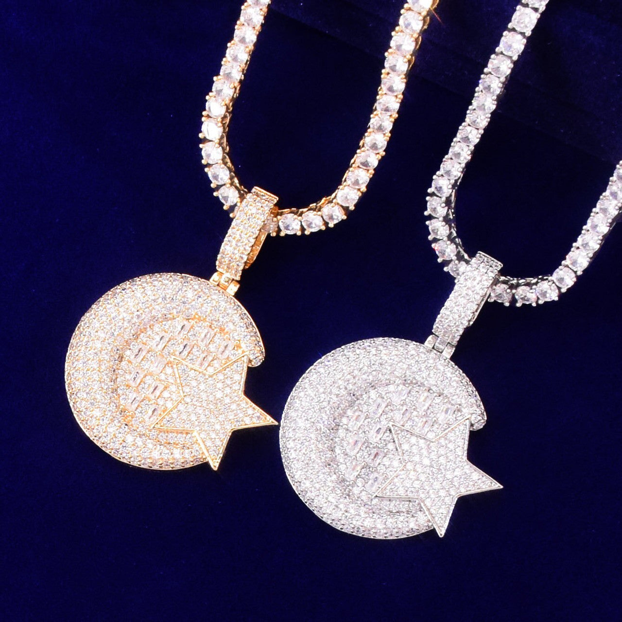 Celestial Wisdom | Gold 925 Silver Crescent Moon Star Baguette Iced Pendant