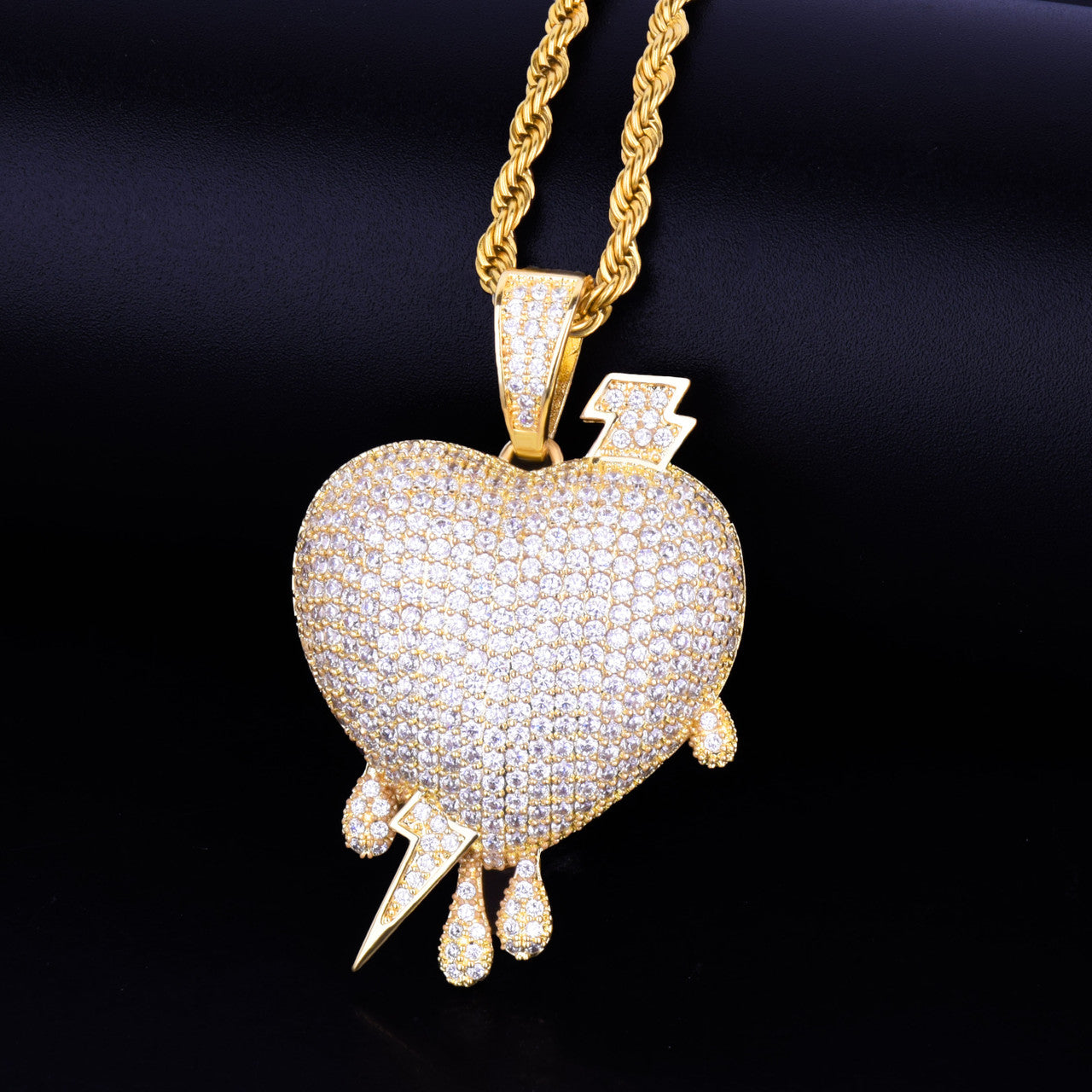 Silver 18k Rose Gold Drip Drop AAA Micro Pave Hip Hop Lightning Heart Pendant Chain Necklace