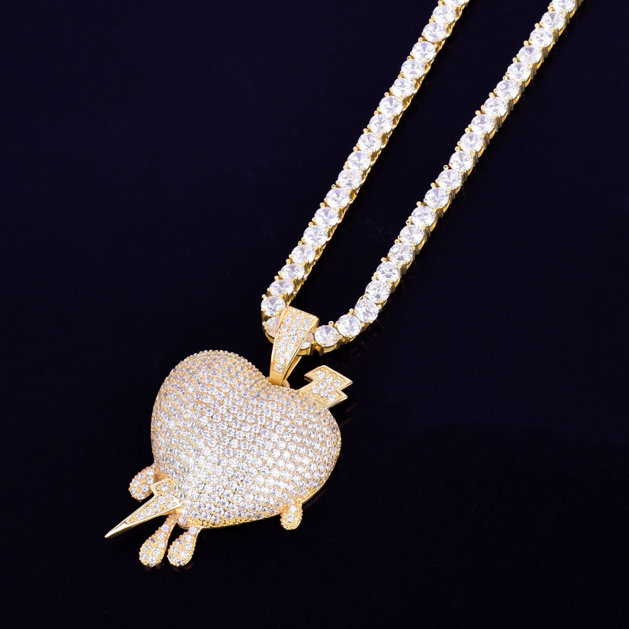 Silver 18k Rose Gold Drip Drop AAA Micro Pave Hip Hop Lightning Heart Pendant Chain Necklace