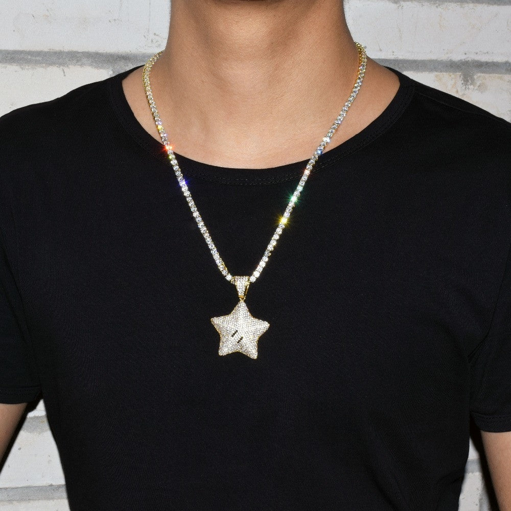 18k Gold .925 Silver Mario Power Star AAA True Micro Pave Bling Pendant Chain Necklace
