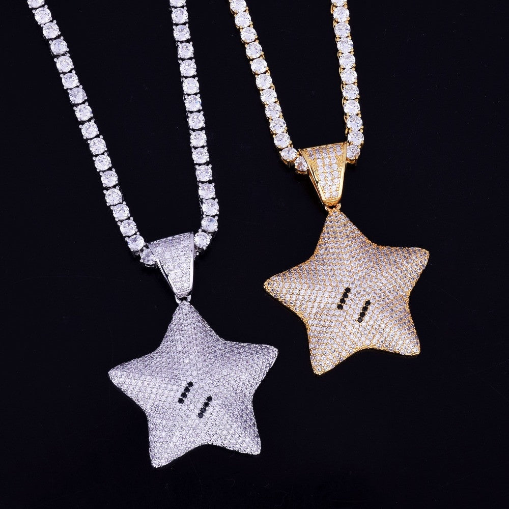 18k Gold .925 Silver Mario Power Star AAA True Micro Pave Bling Pendant Chain Necklace