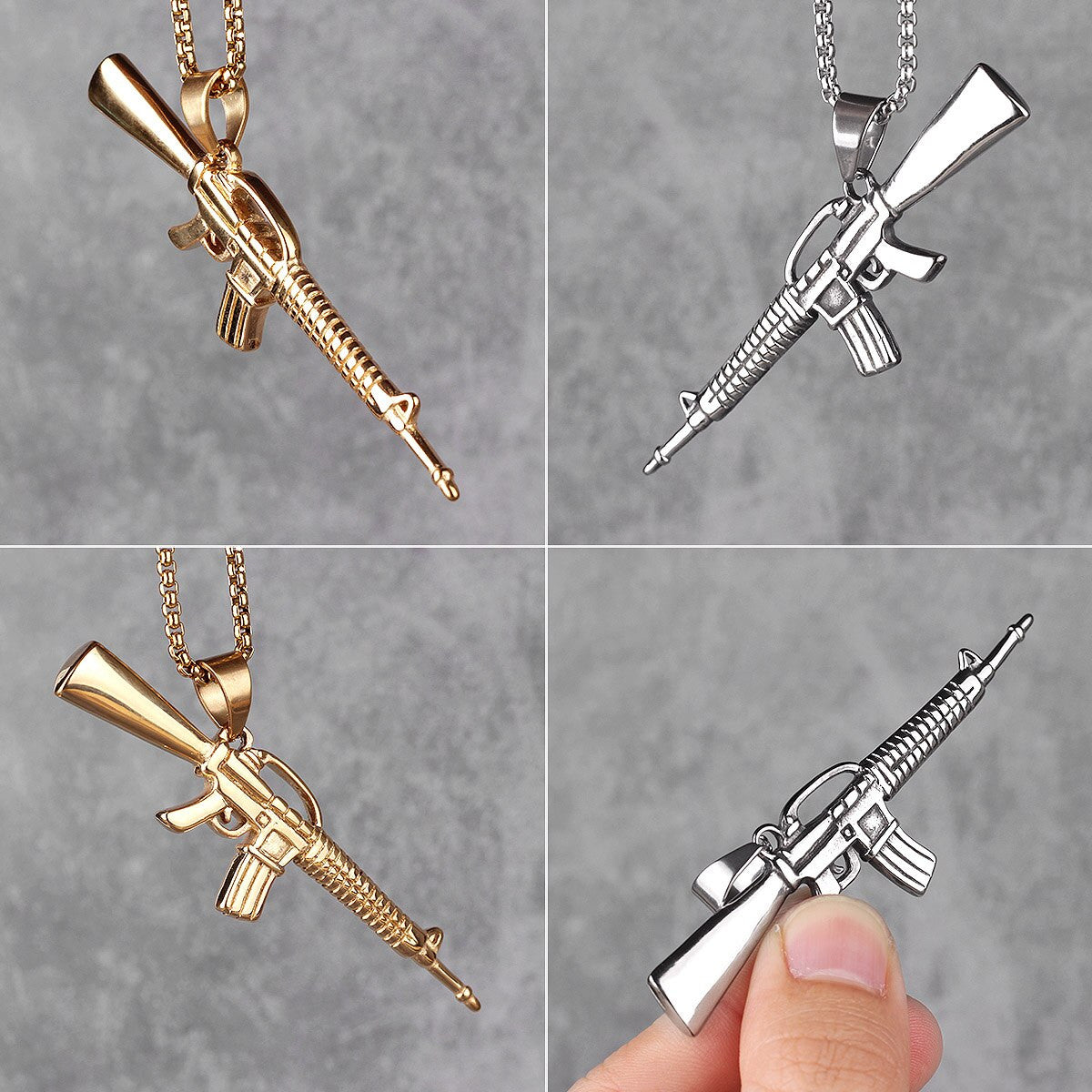 14k Gold Silver Over No Fade Stainless Steel M16 Gun Hip Hop Pendant Chain