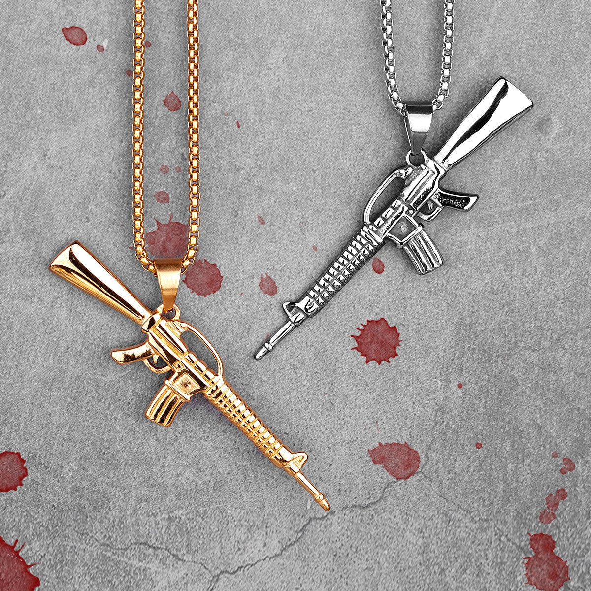 14k Gold Silver Over No Fade Stainless Steel M16 Gun Hip Hop Pendant Chain