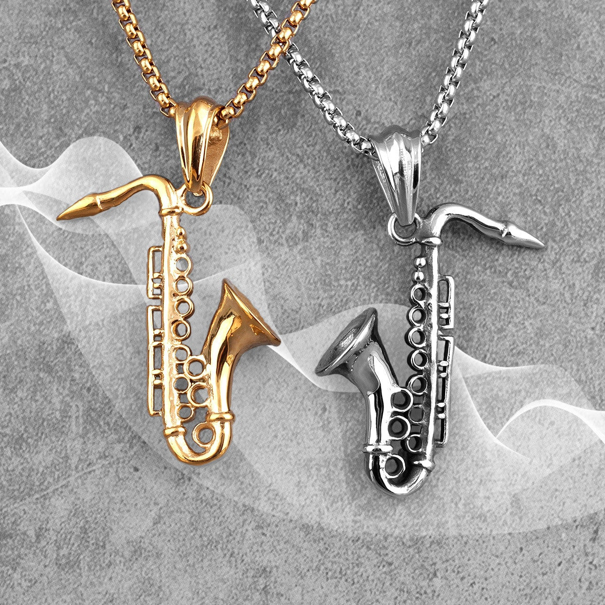 14k Gold Silver Over No Fade Stainless Steel Cool Saxophone Pendant Chain Necklace