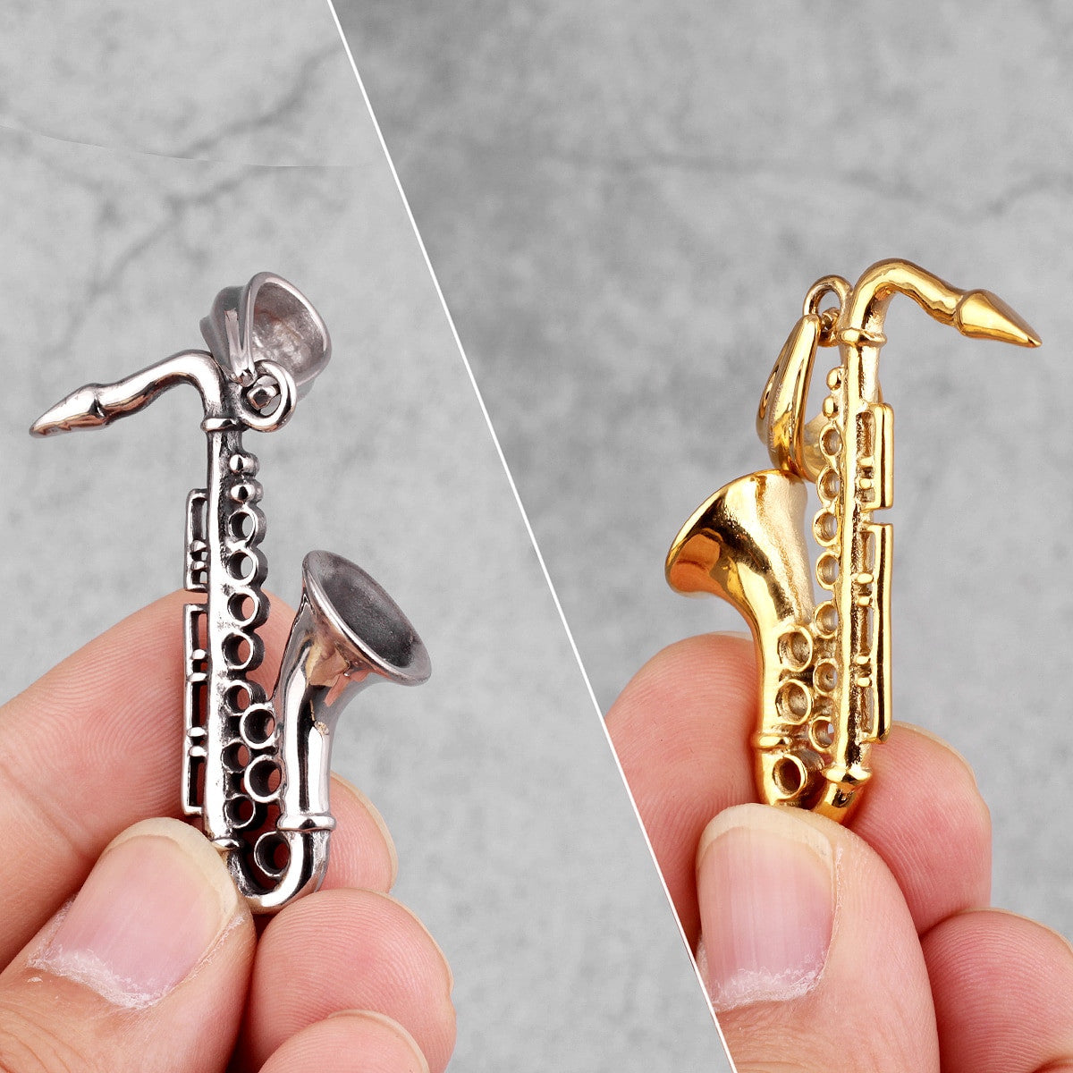 Saxophone | 14k Gold Silver Over No Fade Stainless Steel Slick Musician Pendant