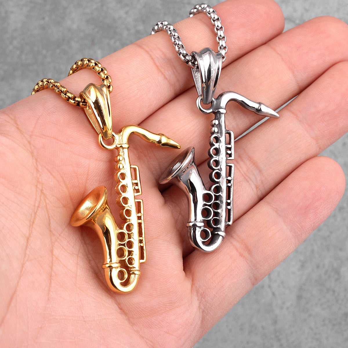 Saxophone | 14k Gold Silver Over No Fade Stainless Steel Slick Musician Pendant