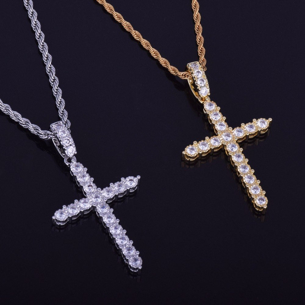 18k Gold .925 Silver Bling AAA Micro Pave Classic Ancient Cross Pendant Chain Necklace