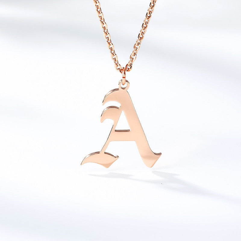 Platinum 14k Rose Gold Stainless Steel Gothic Old English A-Z Letter Initials Necklaces