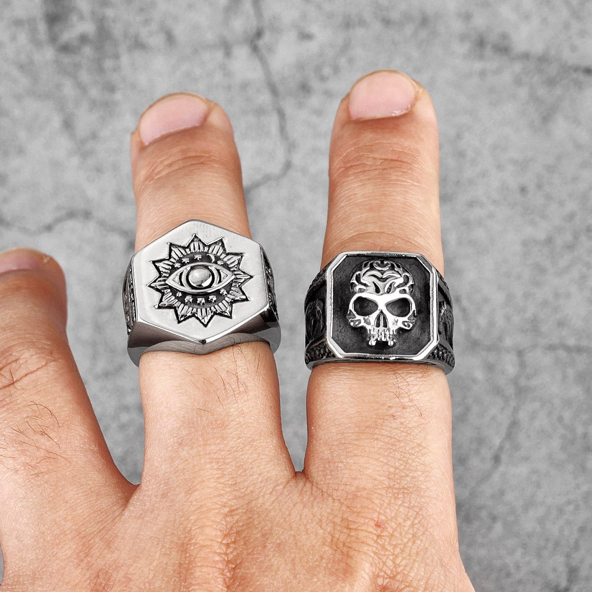 Mens Silver No Fade Stainless Steel Hell Fire Skull Eagle Street Wear Jewelry Rings