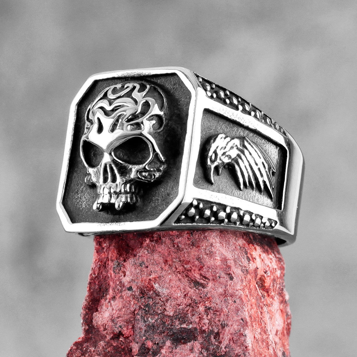 Mens Silver No Fade Stainless Steel Hell Fire Skull Eagle Street Wear Jewelry Rings