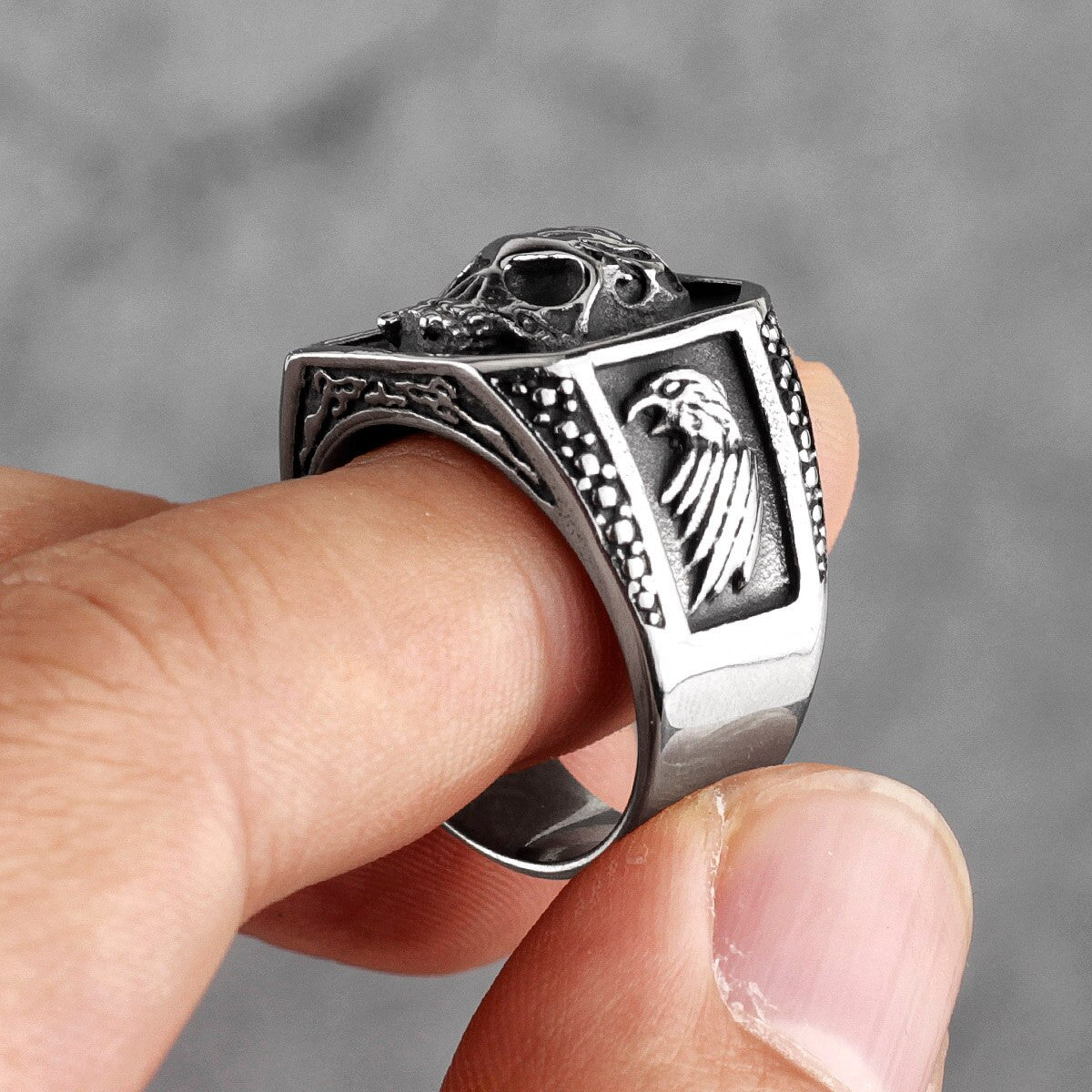 Mens Silver No Fade Stainless Steel Hell Fire Skull Eagle Street Wear Jewelry Rings