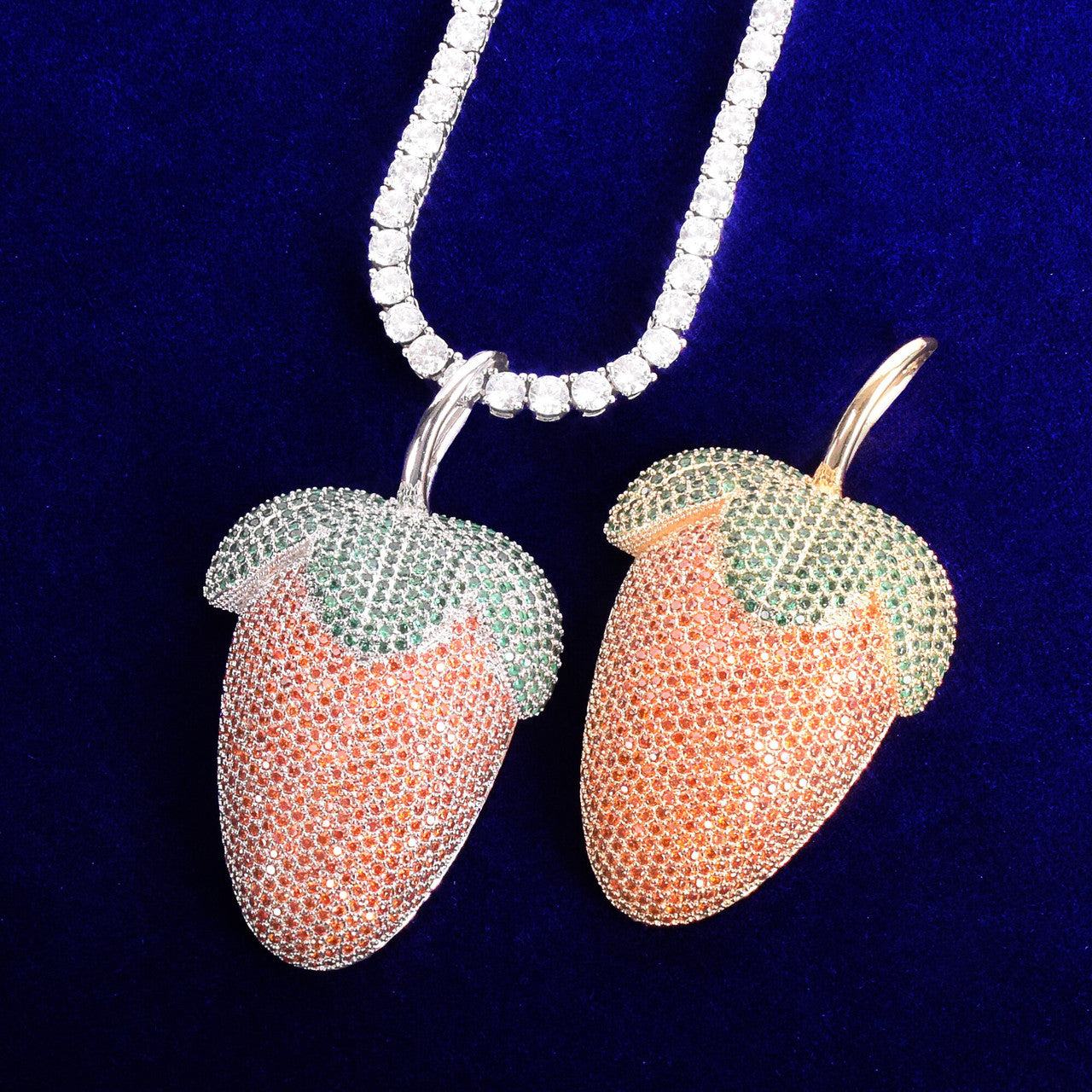 AAA True Micro Pave 18k Gold 925 Silver Strawberry Flooded Ice Pendant Chain Necklace