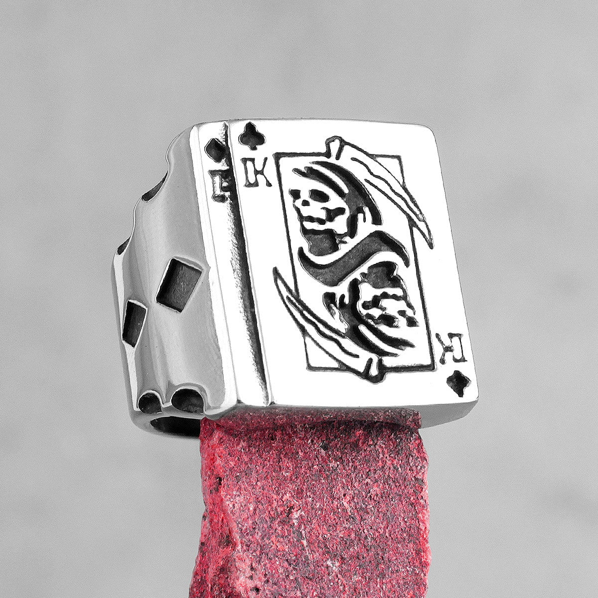Mens Grim Reaper Poker King No Fade Stainless Steel Street Wear Card Shark Rings