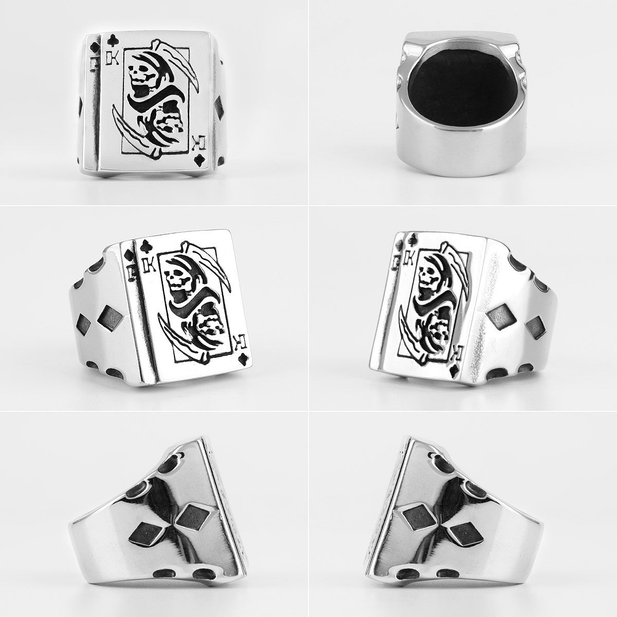 Mens Grim Reaper Poker King No Fade Stainless Steel Street Wear Card Shark Rings