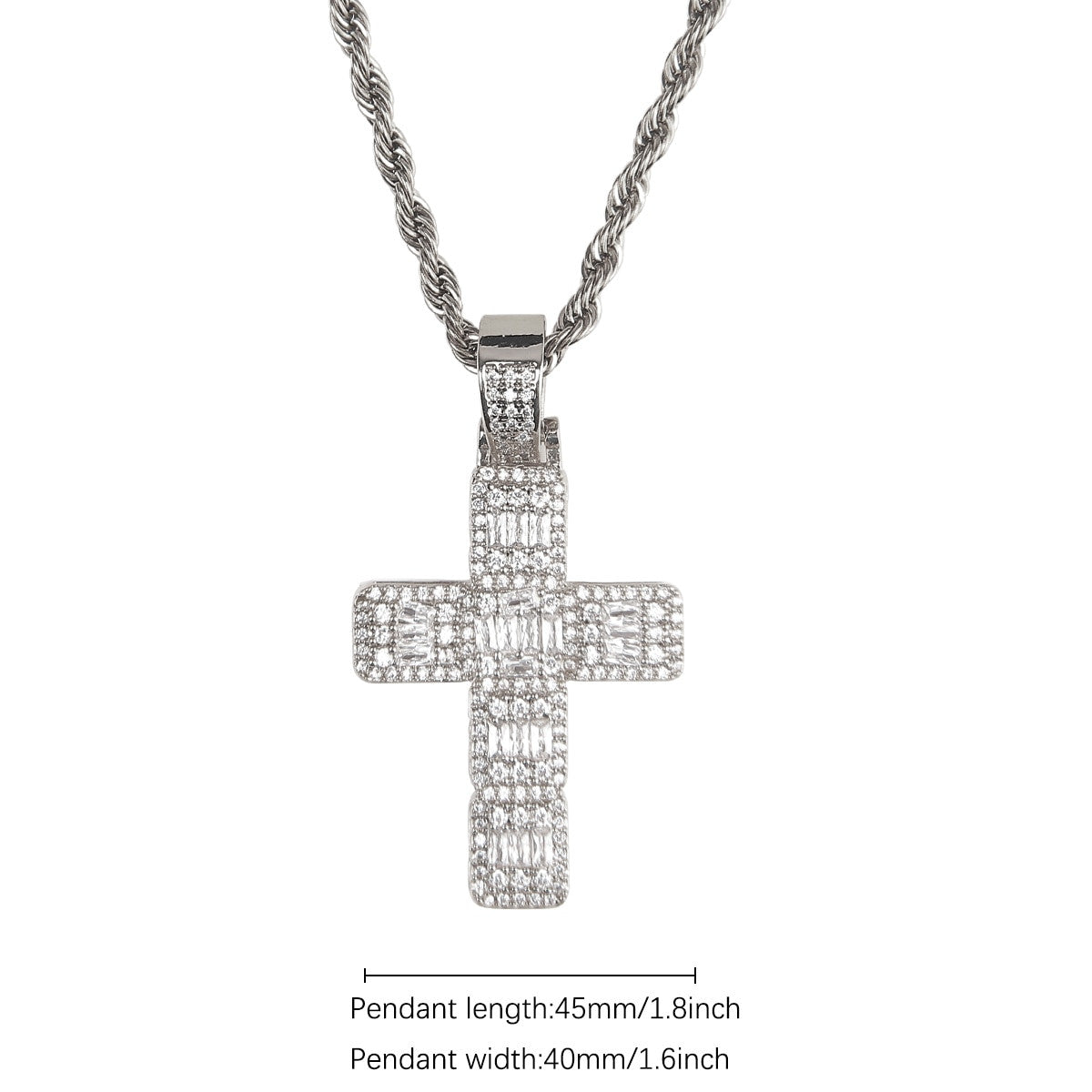 5A Thick Cut Flooded Ice Baguette Cross Bling Hip Hop Pendant Chain Necklace