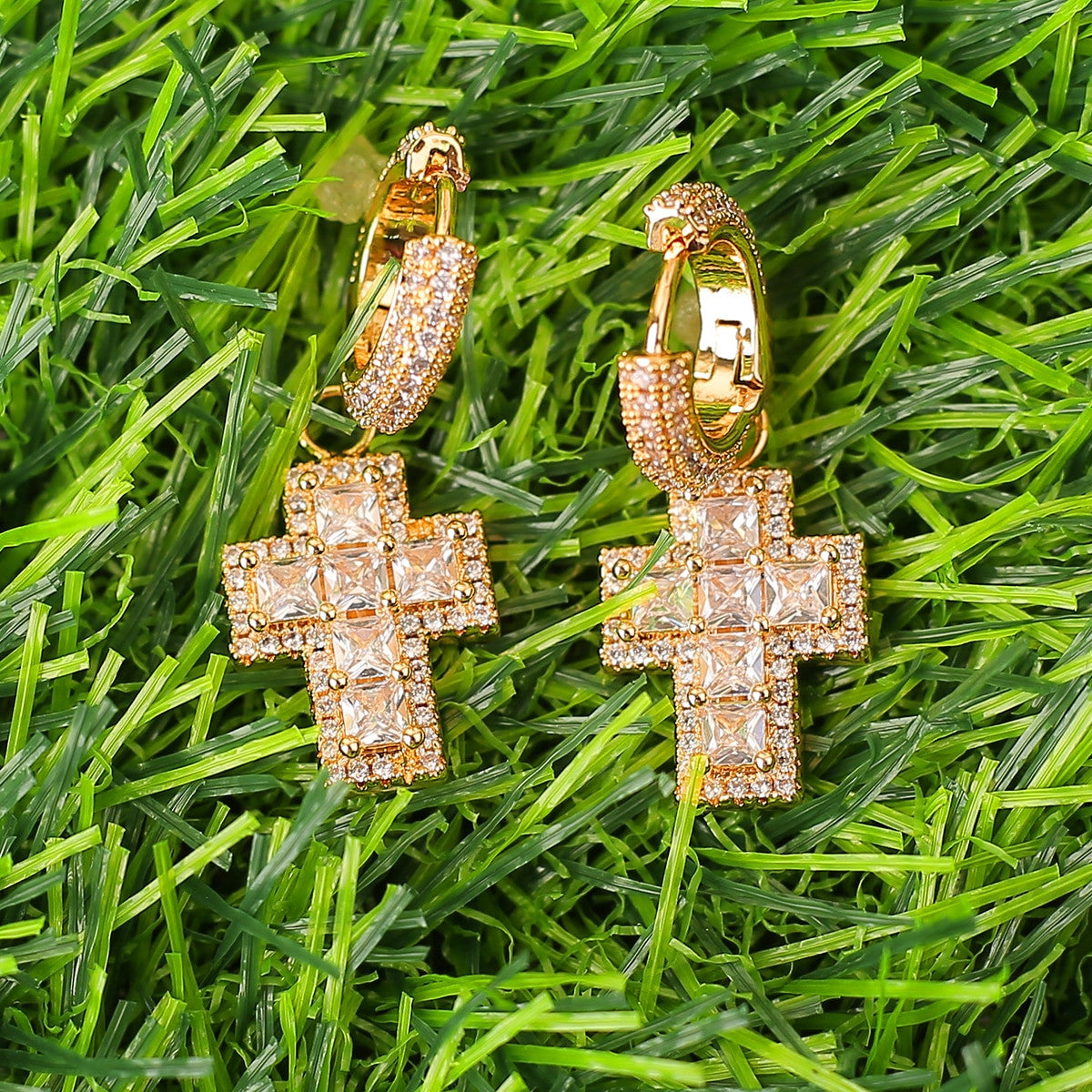 Arctic Majesty | Princess Cut Cross Drop Dangle Huggie Hip Hop Earrings