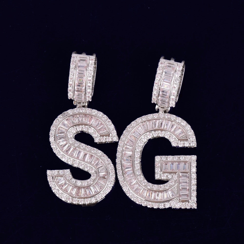 18k Gold Silver Rose Gold Baguette Initials Pave Stone Diamond Simulate Letters Pendants