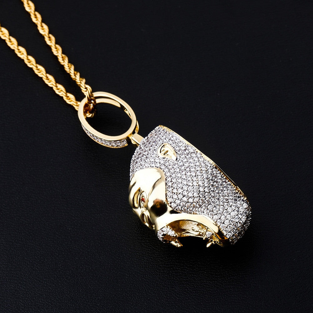 Flooded Ice Bling 14k Gold Gorilla Jungle Skull Hip Hop Pendant Chain Necklace