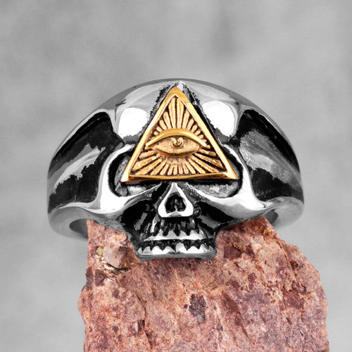 316L Stainless Steel 14k Gold Accents No Fade All Seeing Eye Masonic Skull Rings