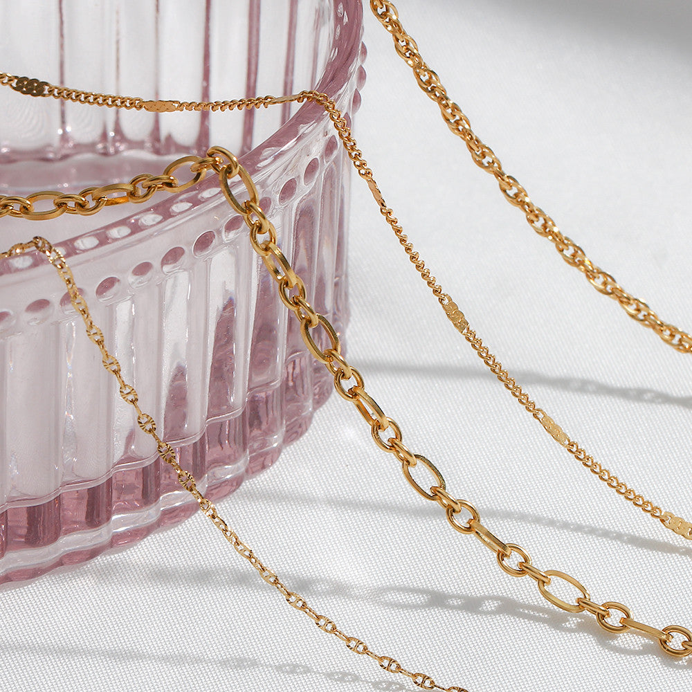 18k Gold Stainless Steel Thin Delicate Link Flower Coin Cuban Chain Layered Necklace