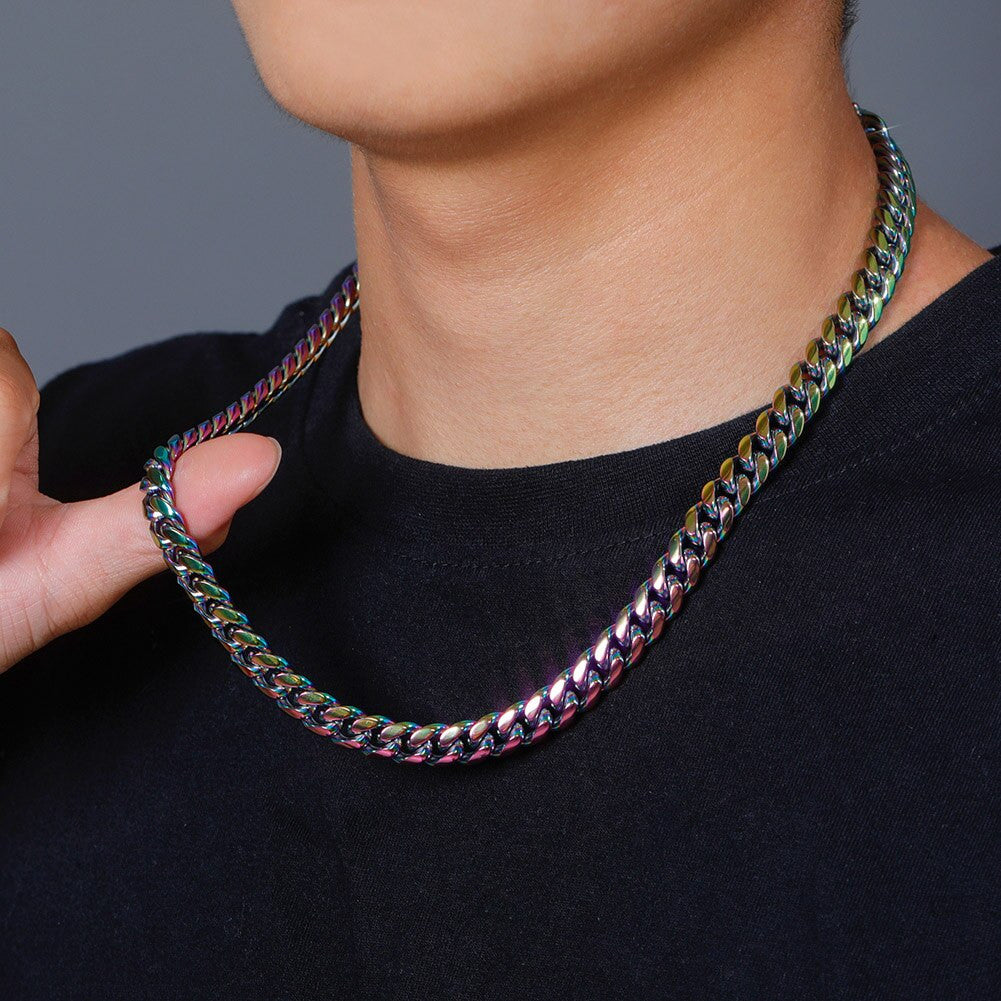 10mm Stainless Steel Fashion Rainbow Color Cuban Link Hip Hop Chain Necklace