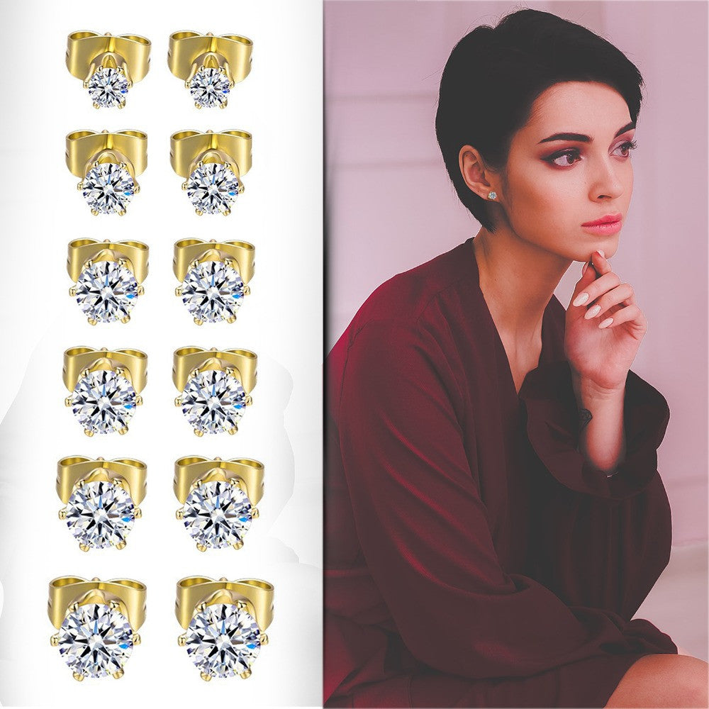 Mens Womens 6 Pair No Fade Stainless Steel 3A CZ Stone 3mm -8mm Bling Bling Earrings
